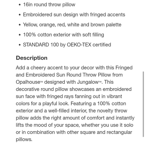 Opalhouse Jungalow Fringe and Embroidered Sun Round Throw Pillow 16" NWT - Picture 4 of 5